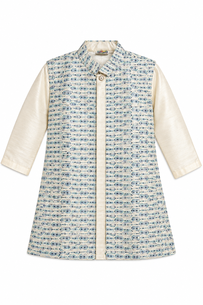 Boys Off-White and Blue Indo-Western Sherwani Set with Nehru Jacket — lifestyle