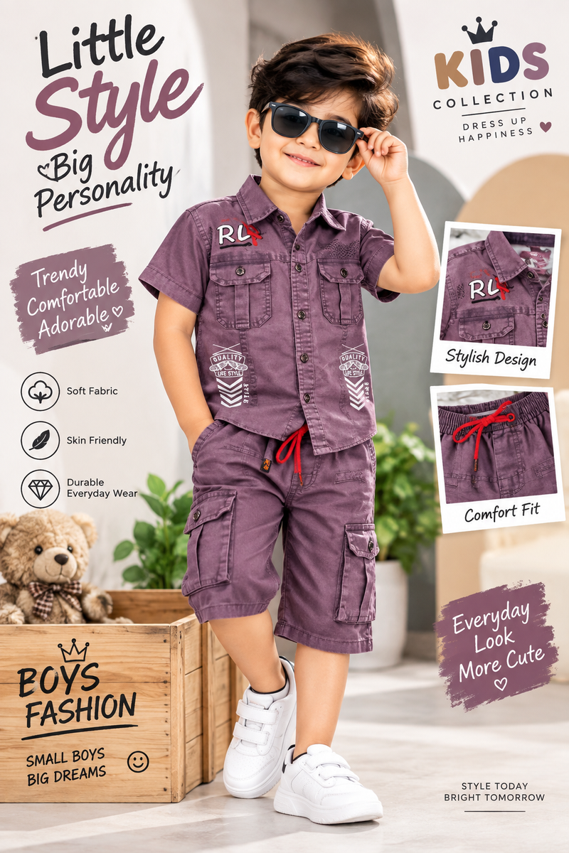 Boys Purple Casual Shirt and Cargo Shorts Set