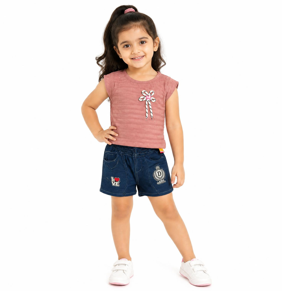 Girls Dusty Pink Textured Top and Denim Shorts Co-ord Set