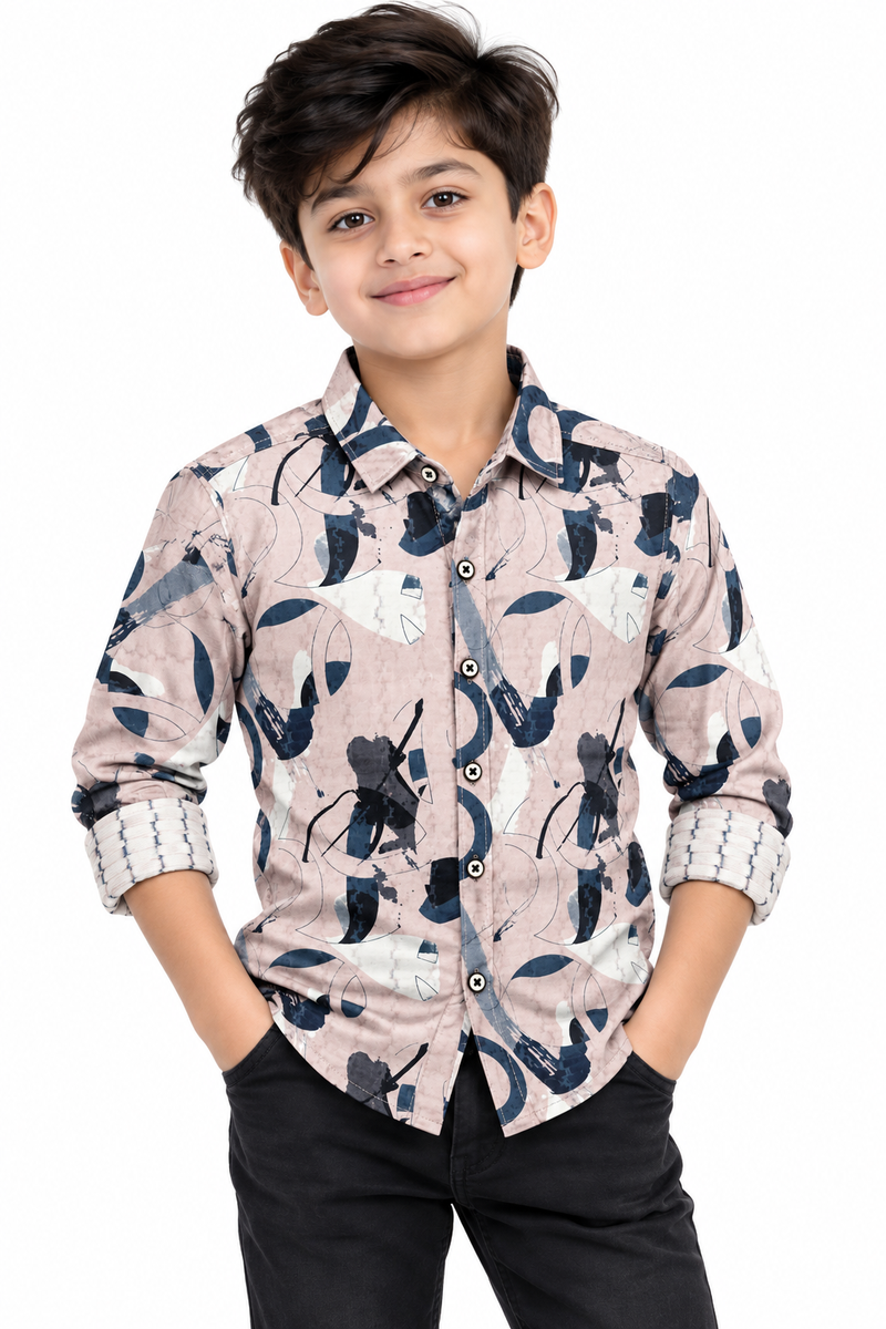 Boys Dusty Pink Abstract Printed Full Sleeves Casual Shirt