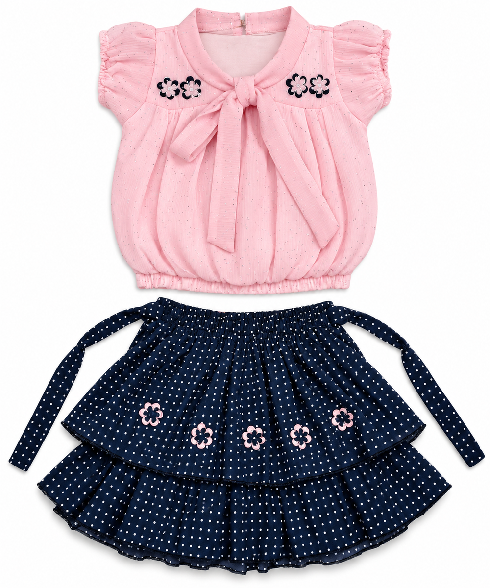 Pink & Navy Blue Polka Dot Skirt & Top Set