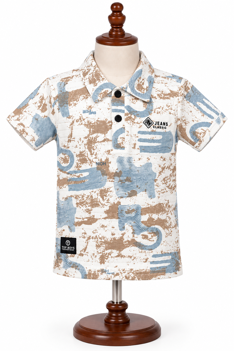 Boys Printed Polo T-Shirt in White and Blue