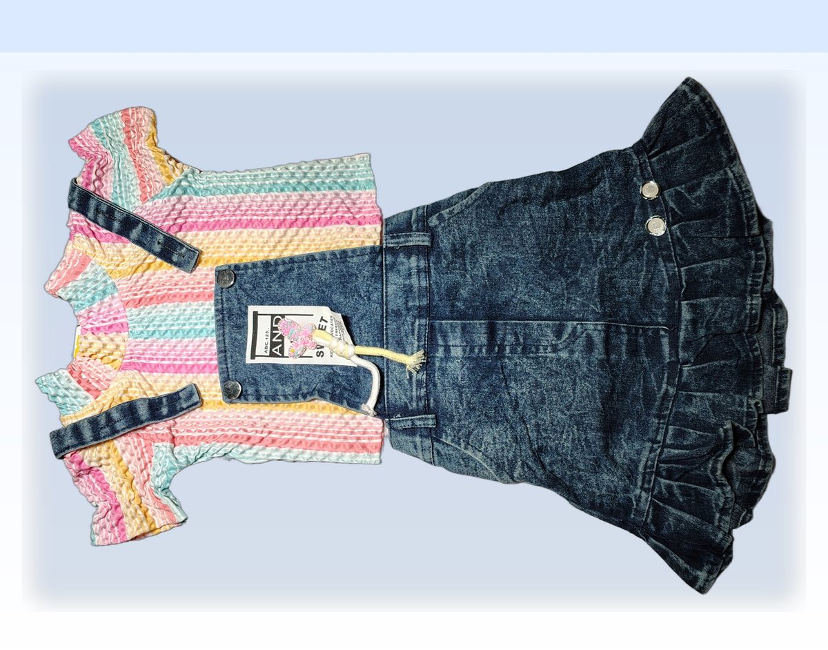 Girls Blue Denim Dungaree Dress with Striped Shirt