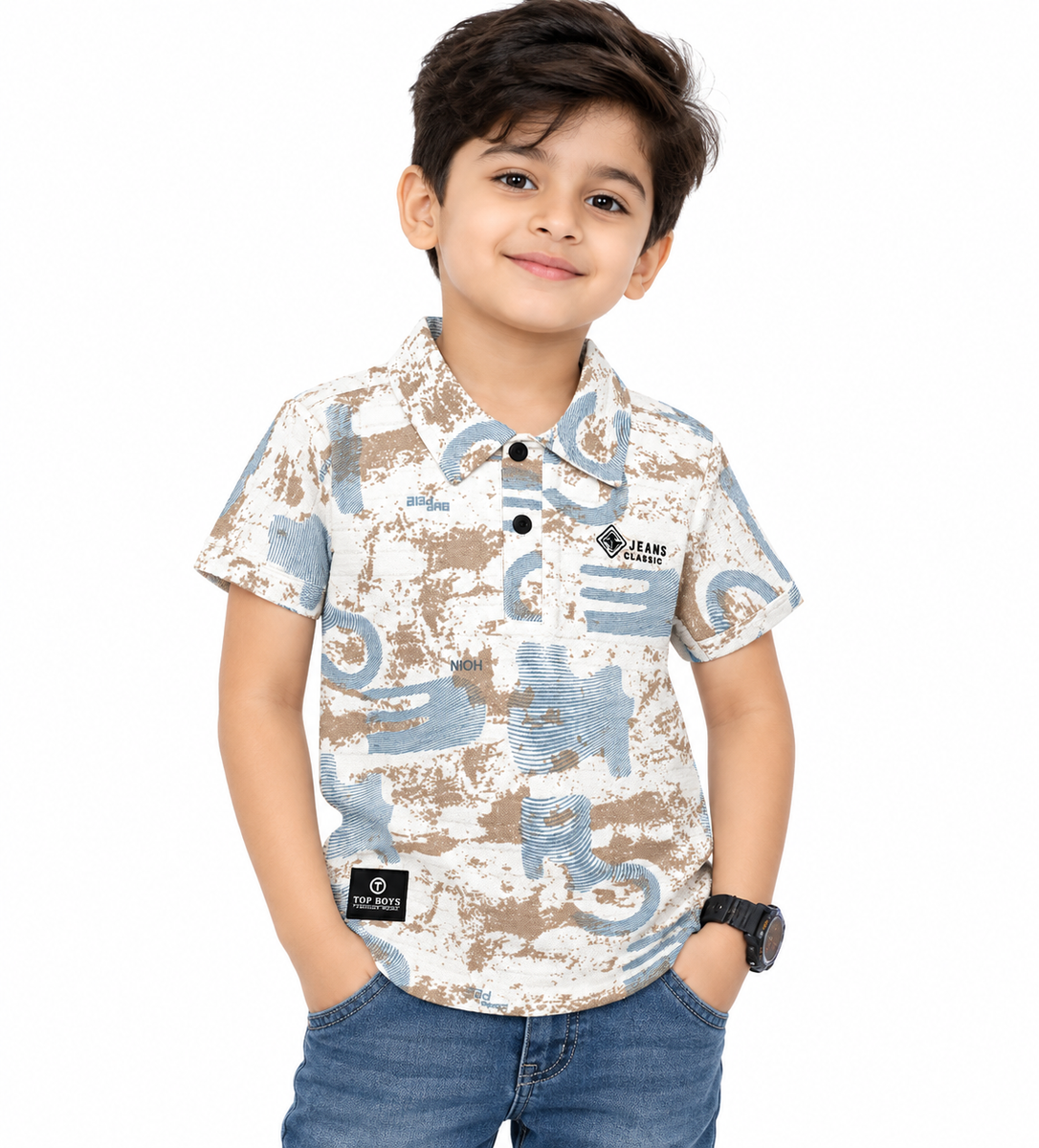 Boys Printed Polo T-Shirt in White and Blue