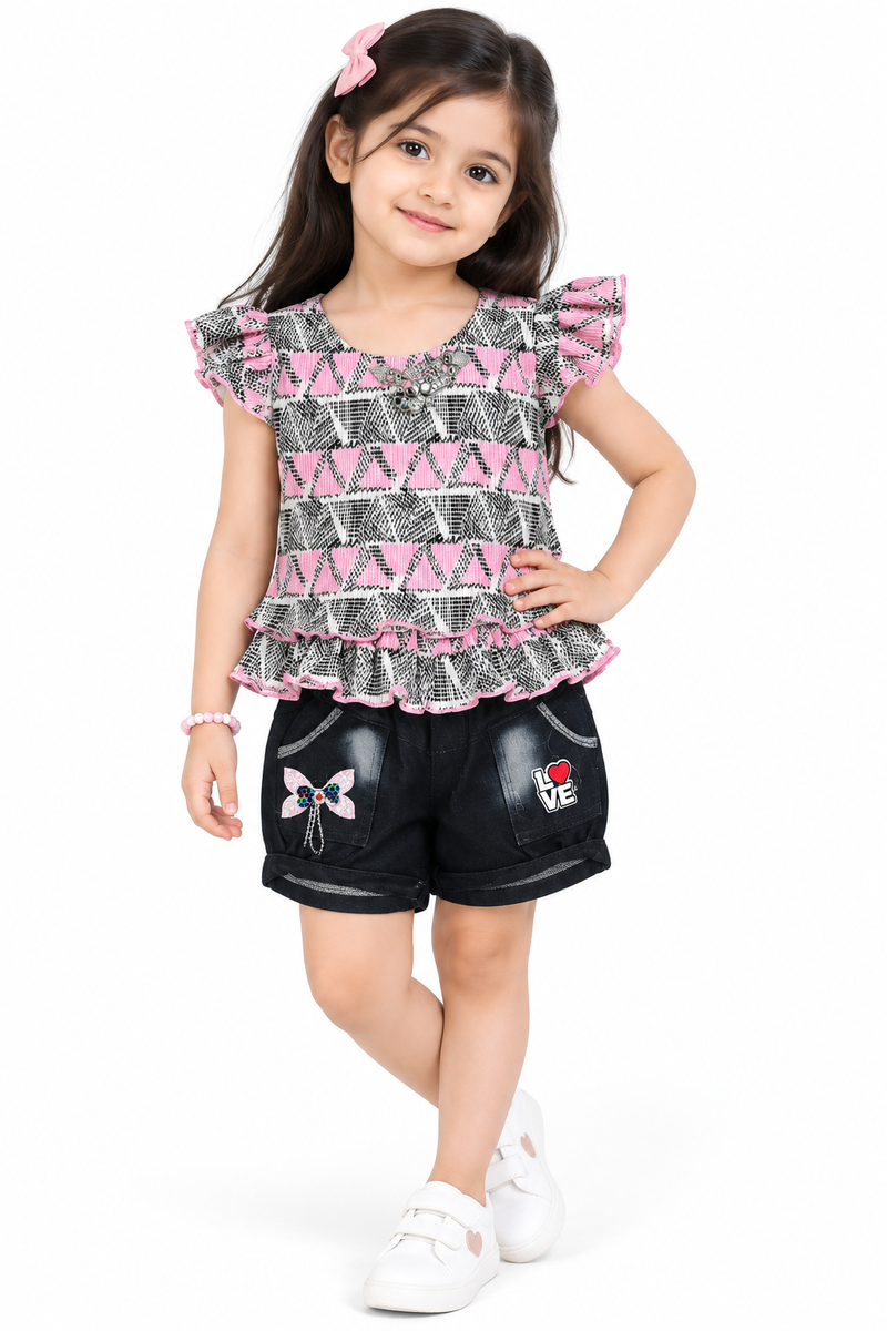 Girls Pink Geometric Ruffle Top and Denim Shorts Co-ord Set