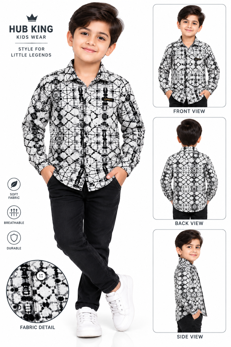 Hub King Boys Black and White Printed Casual Shirt
