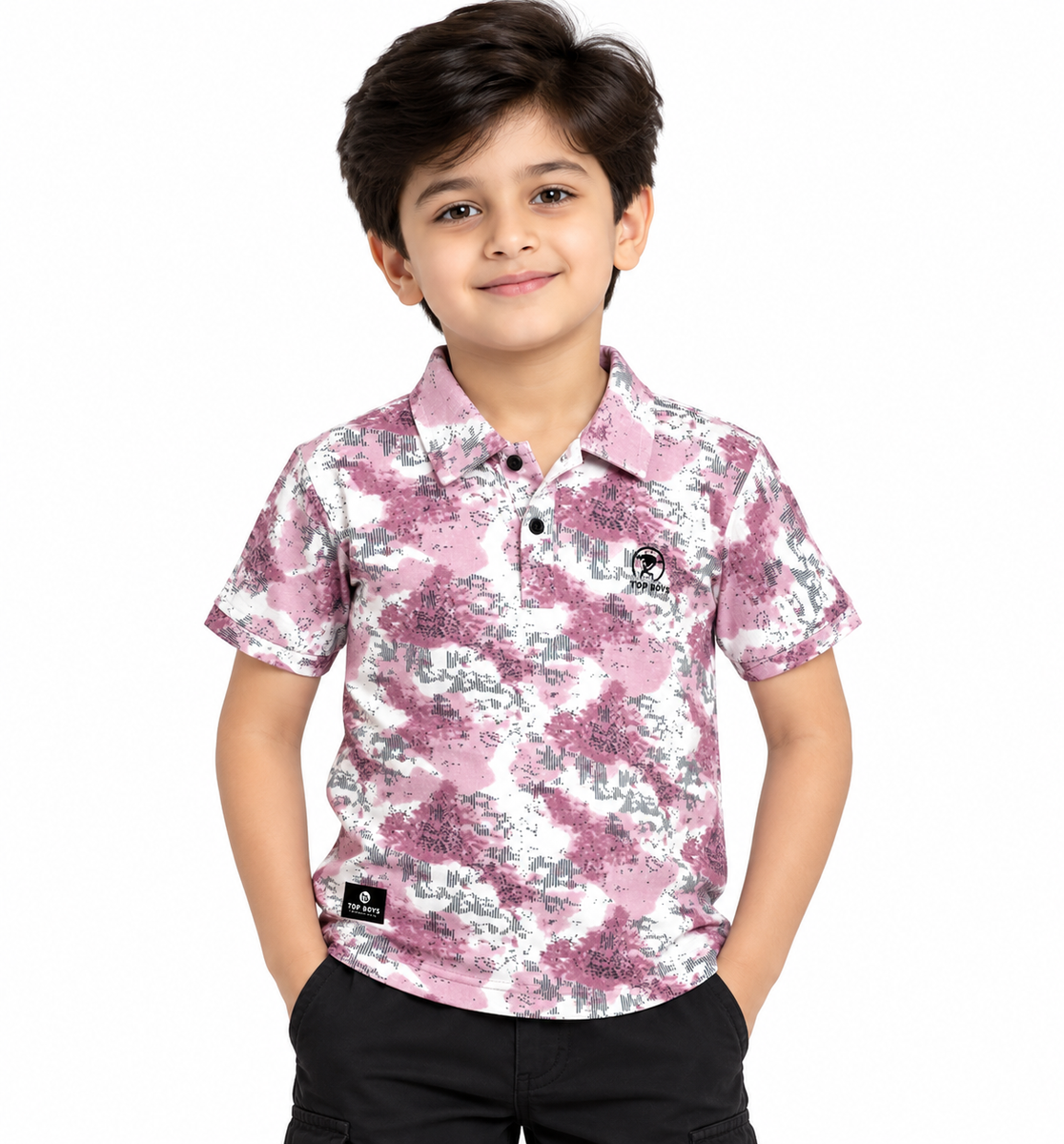 Boys Pink Abstract Printed Polo T-Shirt