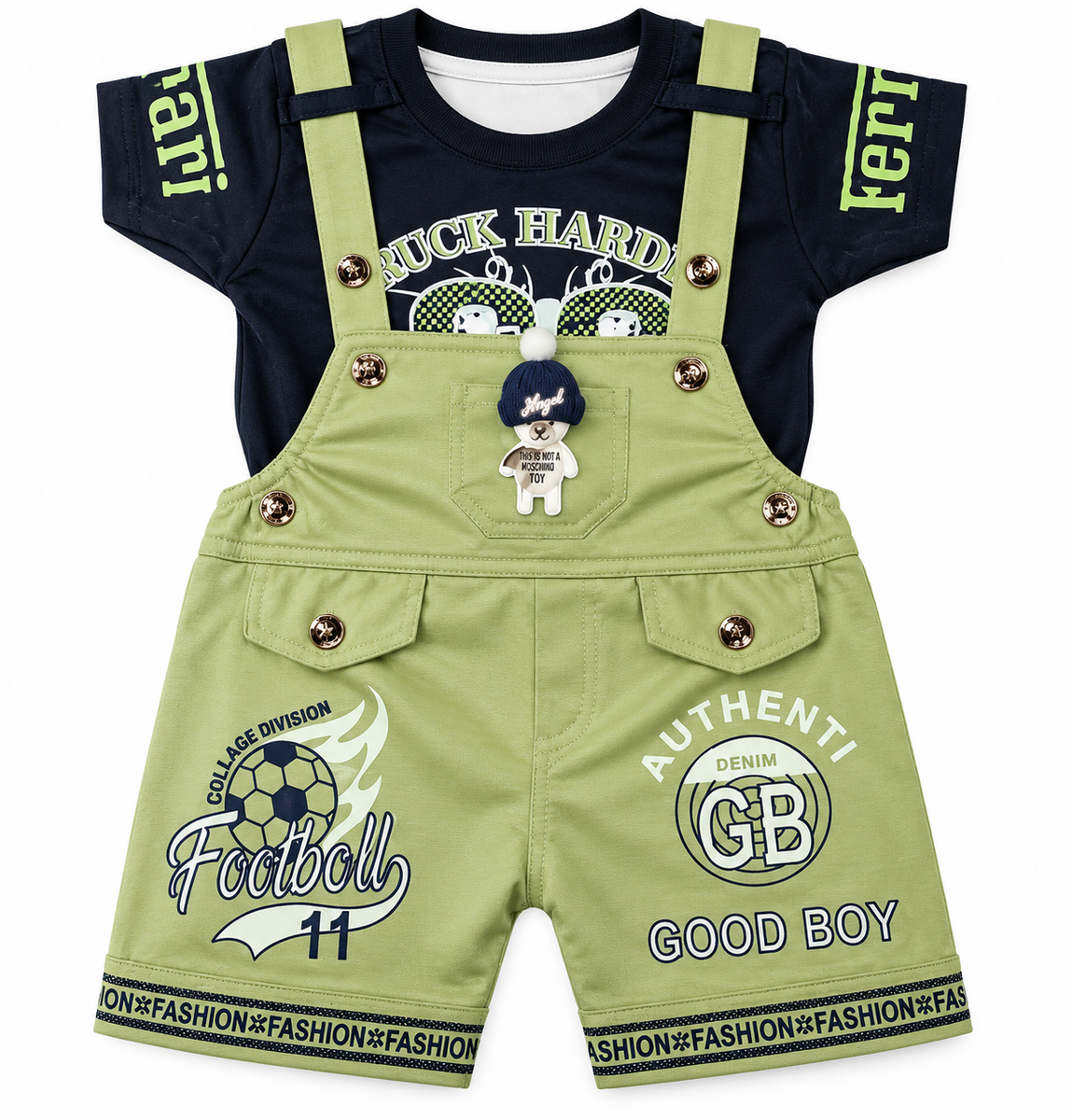 Boys Olive Green Dungaree with Black Printed T-Shirt Set