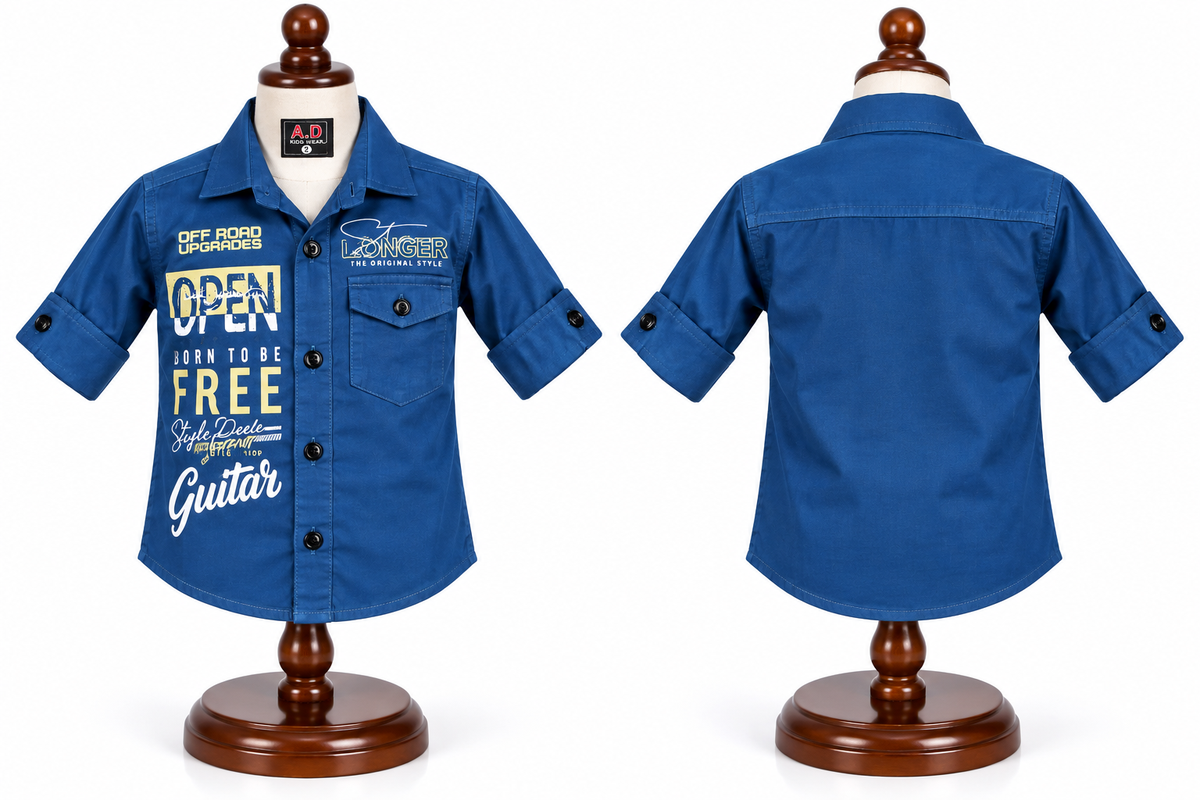 Boys Royal Blue Graphic Print Roll-Up Sleeve Casual Shirt