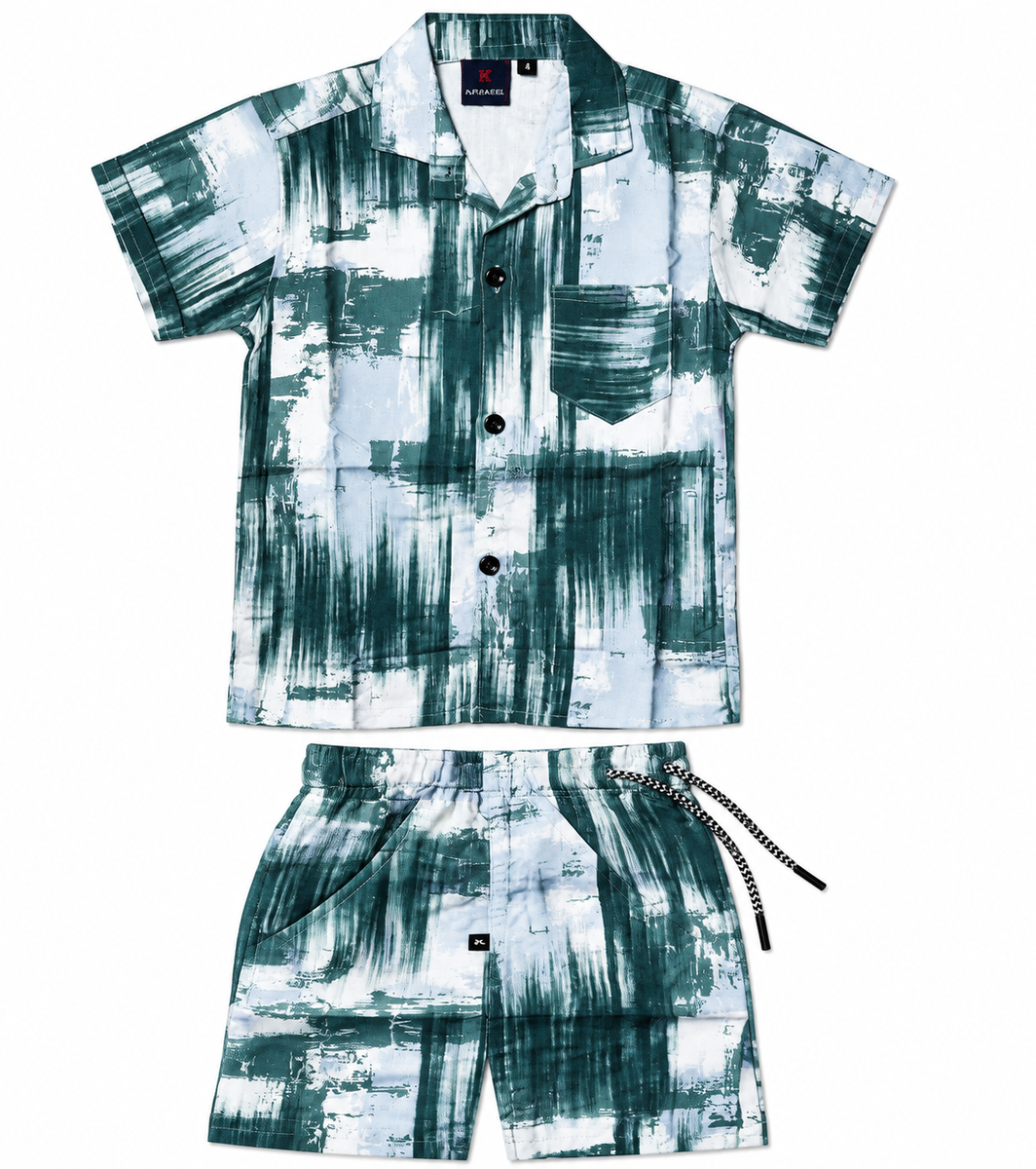 Boys Green Printed Shirt and Shorts Set