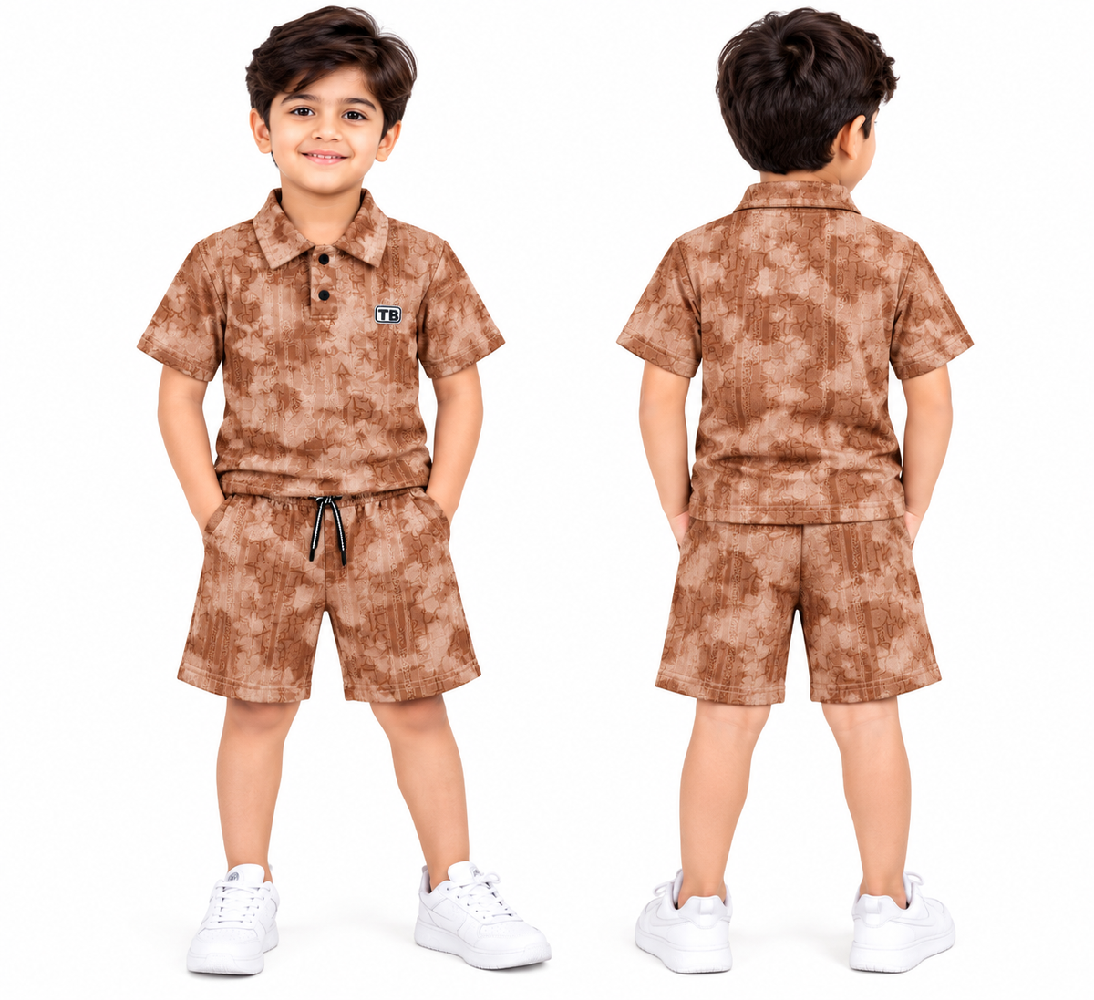 Boys Brown Abstract Printed Polo T-Shirt and Shorts Co-ord Set