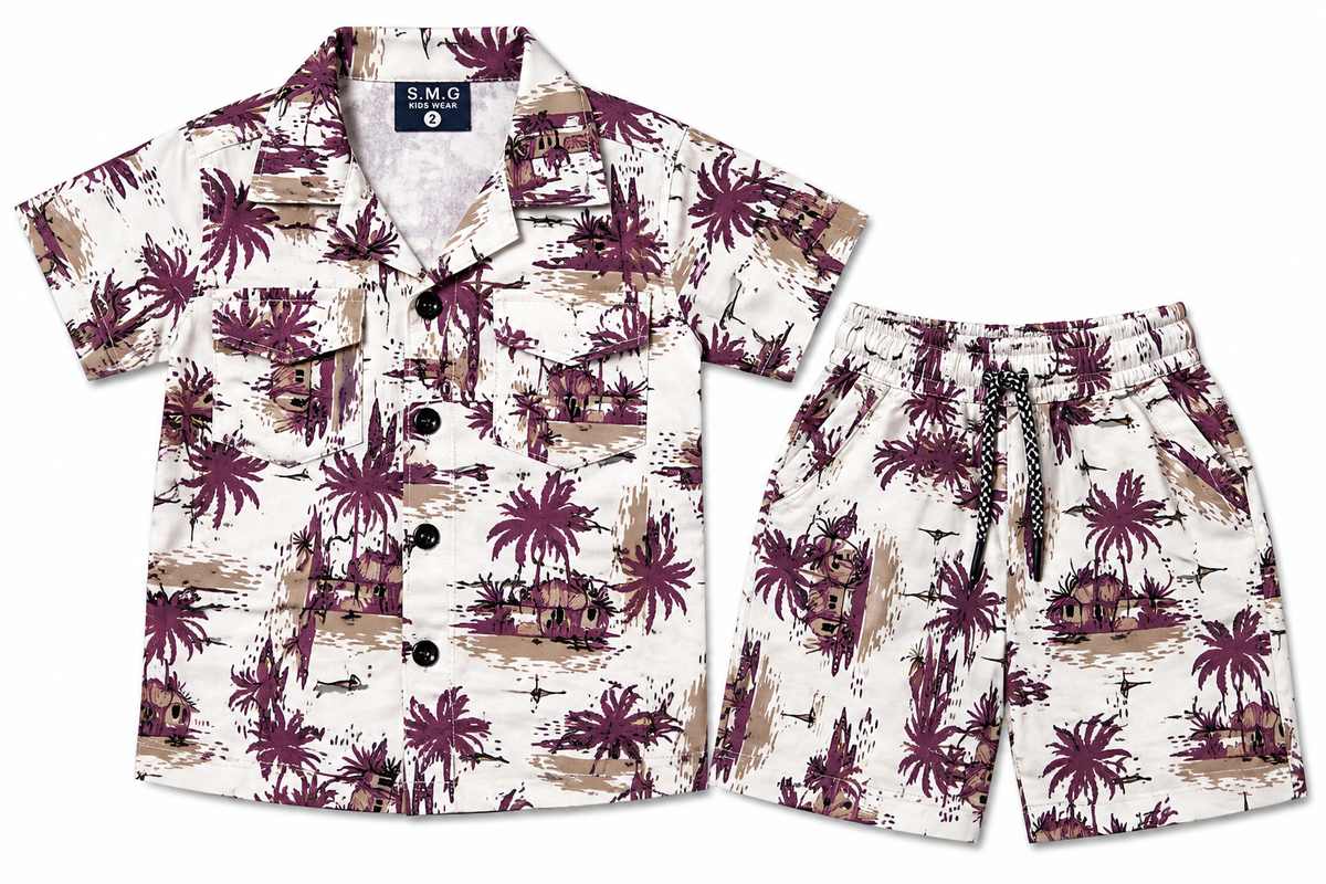 Boys Tropical Palm Print Button-Down Shirt and Shorts Set