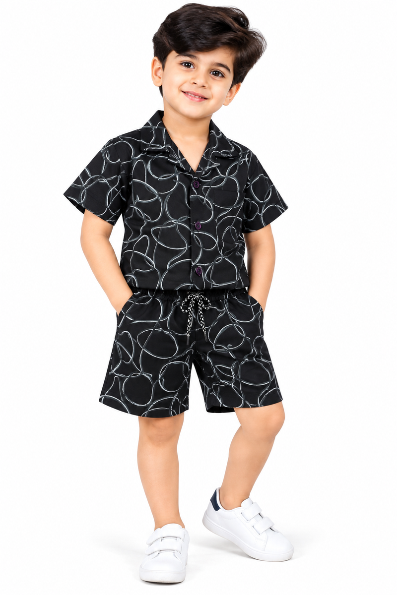 Boys Black Abstract Printed Shirt & Shorts Co-ord Set