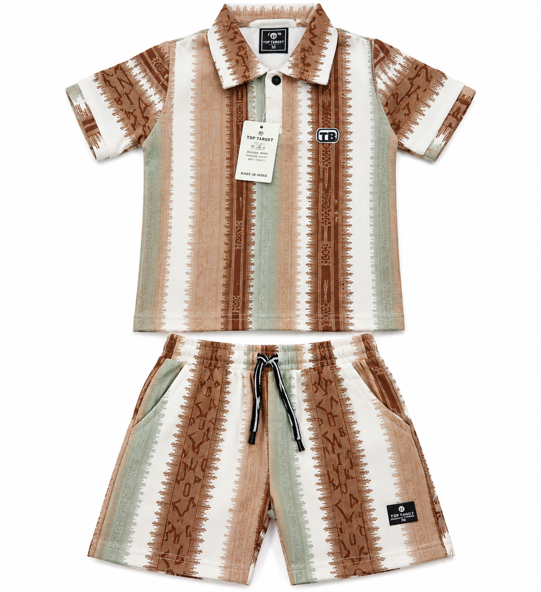 Boys Brown Geometric Print Polo & Shorts Co-ord Set — lifestyle
