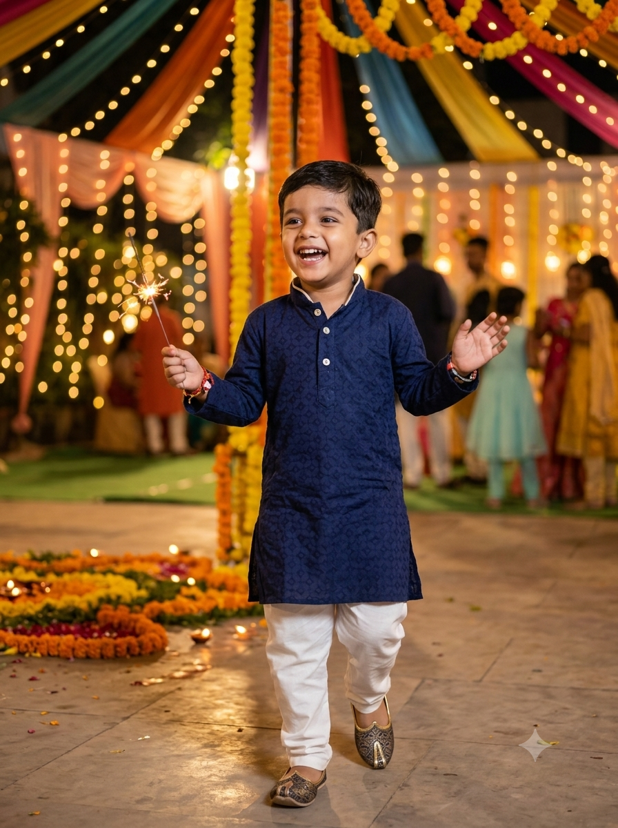Boys Navy Blue Embroidered Kurta Pajama Set — lifestyle