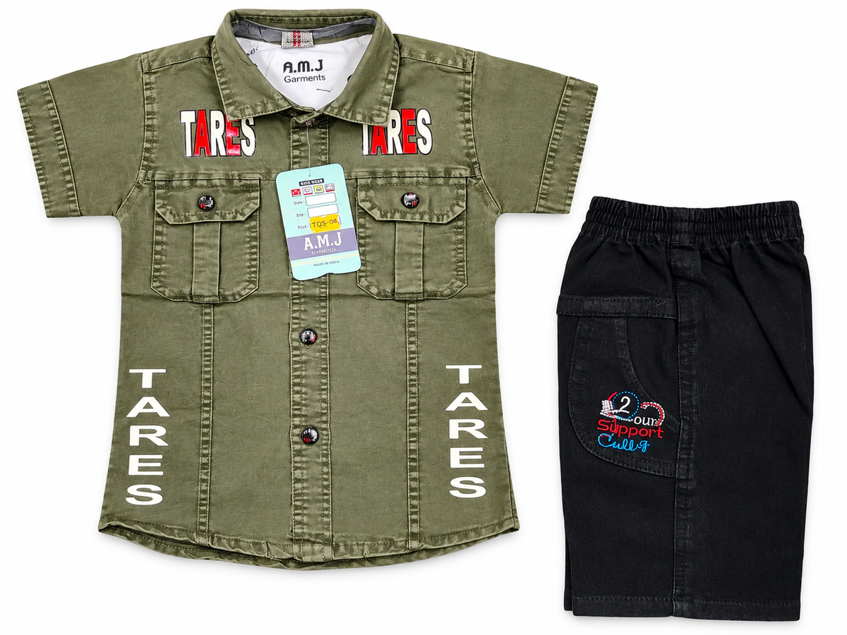Boys Olive Green Printed Shirt and Black Shorts Set