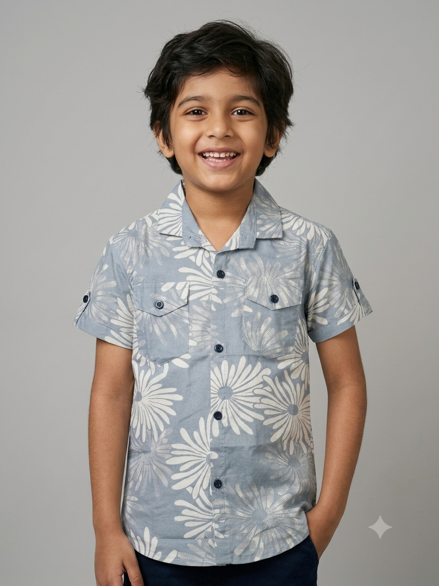 Boys Grey Floral Casual Shirt