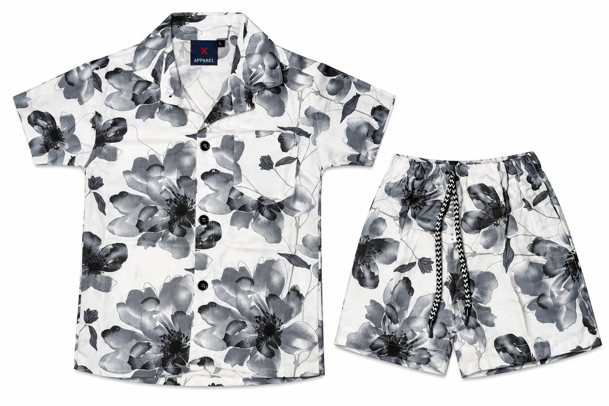 Boys Black and White Floral Print Shirt and Shorts Co-ord Set