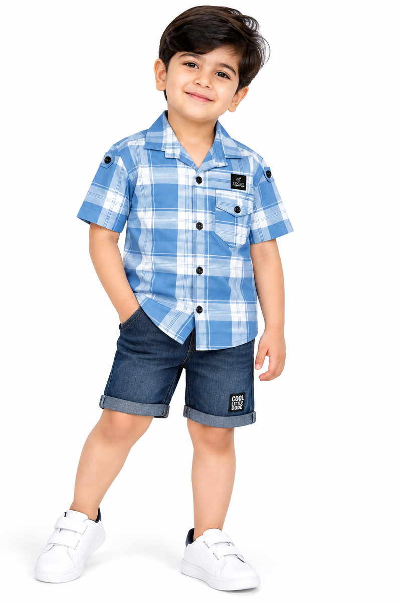 Boys Blue Checked Casual Shirt with Denim Shorts Set