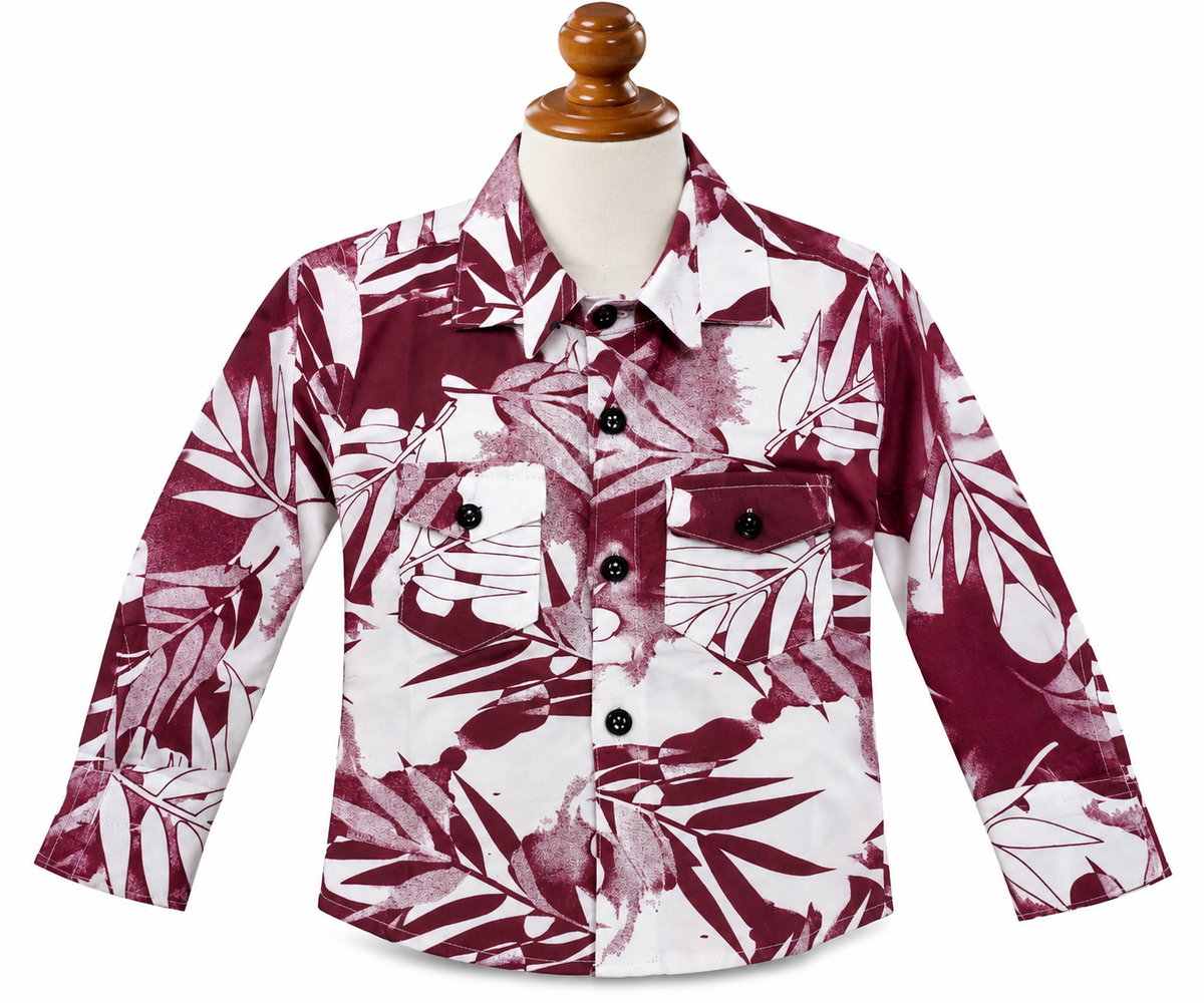Maroon Tropical Leaf Print Casual Shirt
