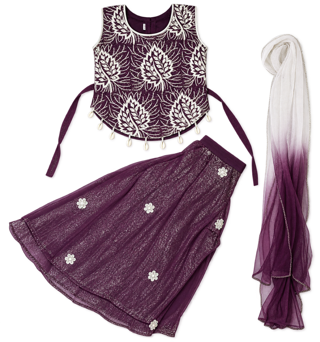 Purple Floral Embroidered Party Frock with Tie-Up Straps